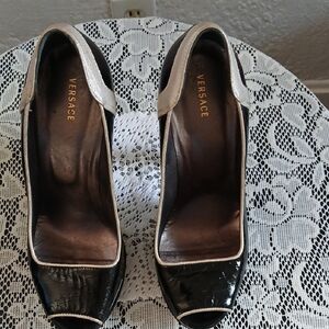 Versace Black and Silver Peep Toe Heels